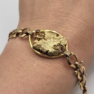 Antique 1930s Art Deco 10K Gold Filled Grapes, Leaf, Vine Bracelet Signed LS